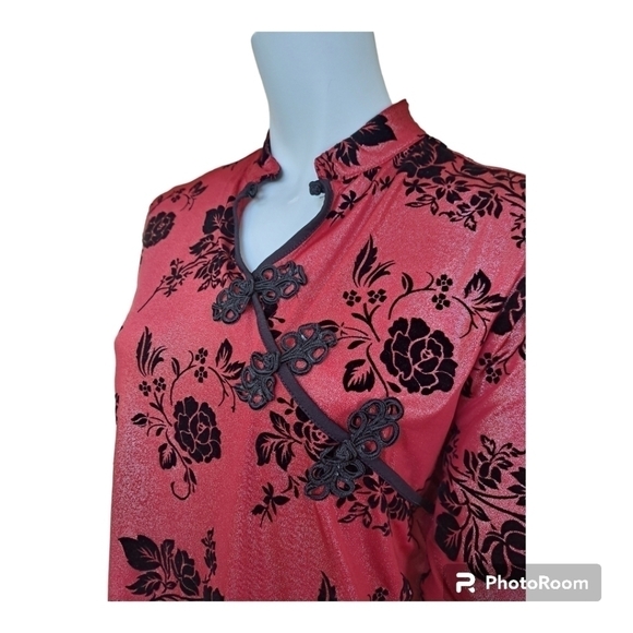 Champagne ! pink blouse with velvet black flowers embroidery details style asian - Picture 7 of 11